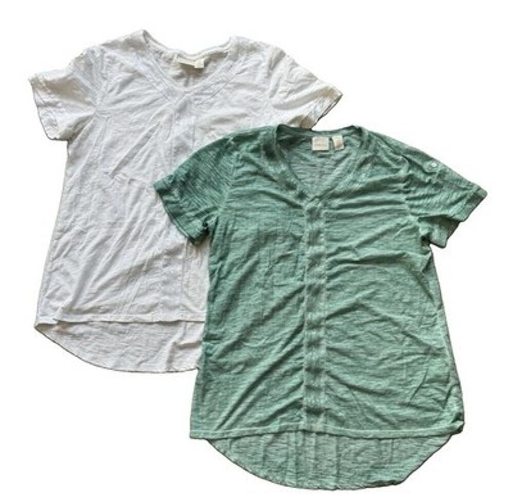 Chico's 2 Pc Top lot Women's 2 L 12-14 Sea Green White V Neck Sequin Trim
